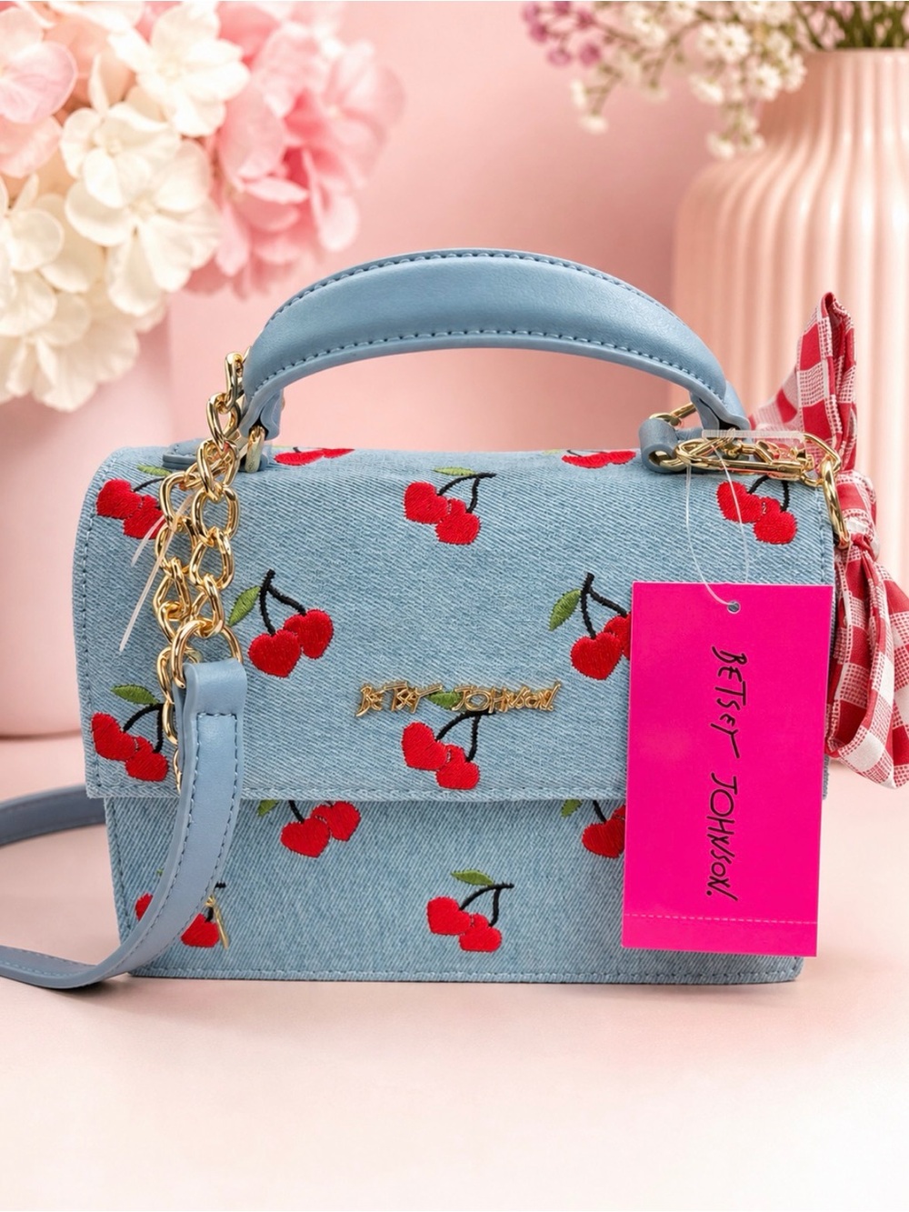 Betsey Johnson Light Blue Cherry Embroidered Top Handle Satchel